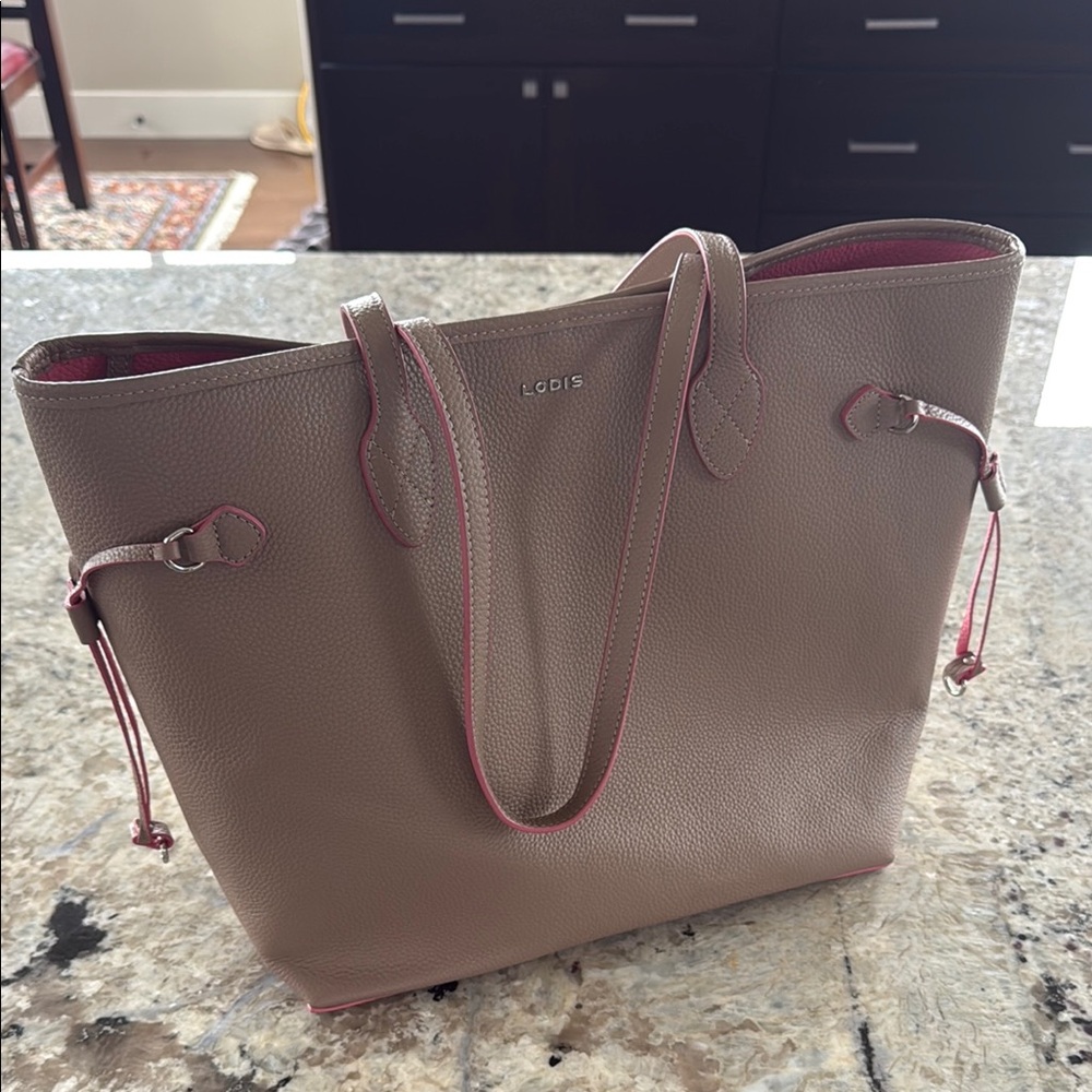 Lodis Taupe Leather Tote with Pink Trim